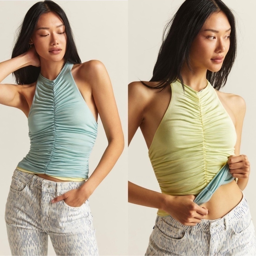 Anthropologie Yellow/Aqua Pilcro Ruched Reversible Tank Top Sustainable Modal